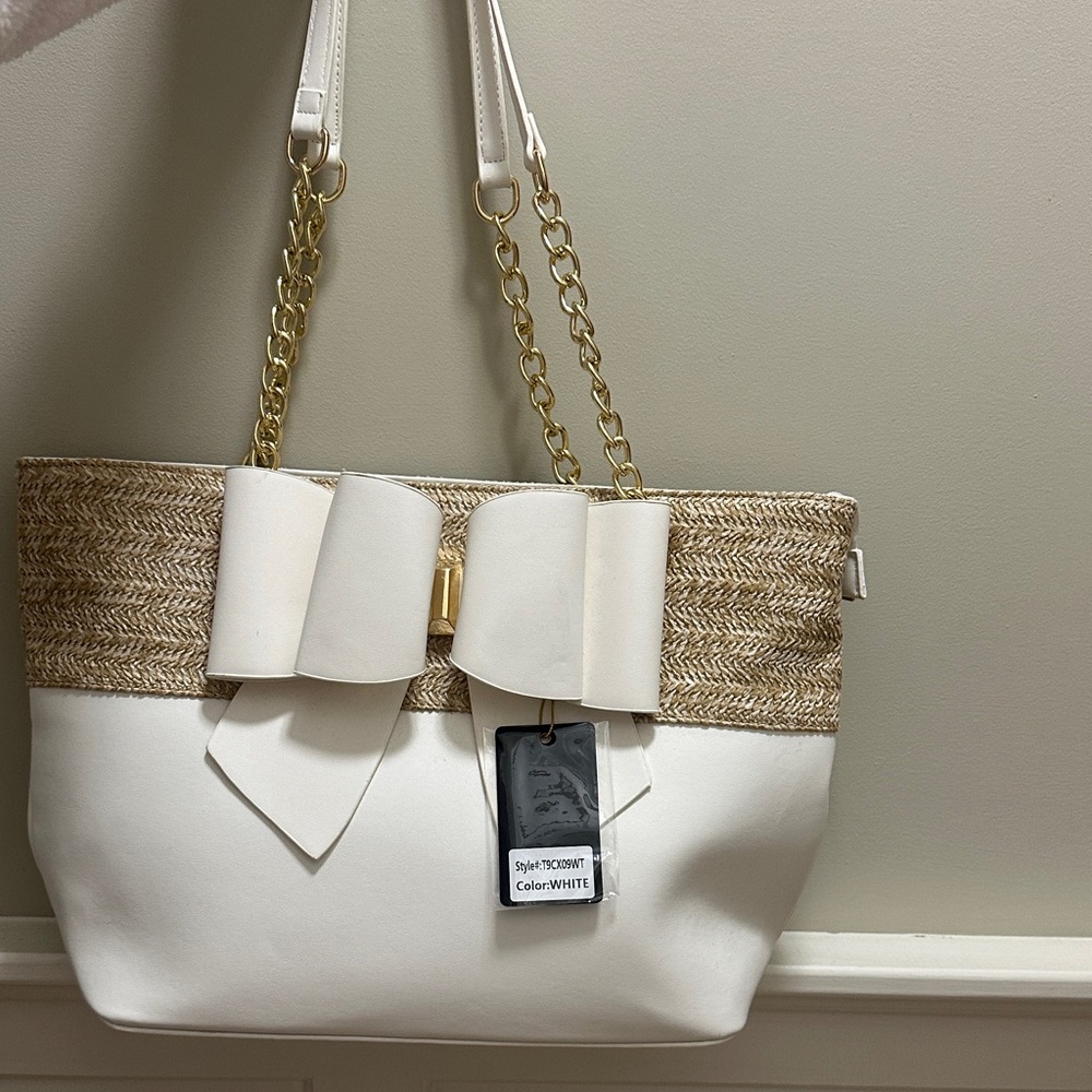 Elegant Bow White and Tan Women's Bag